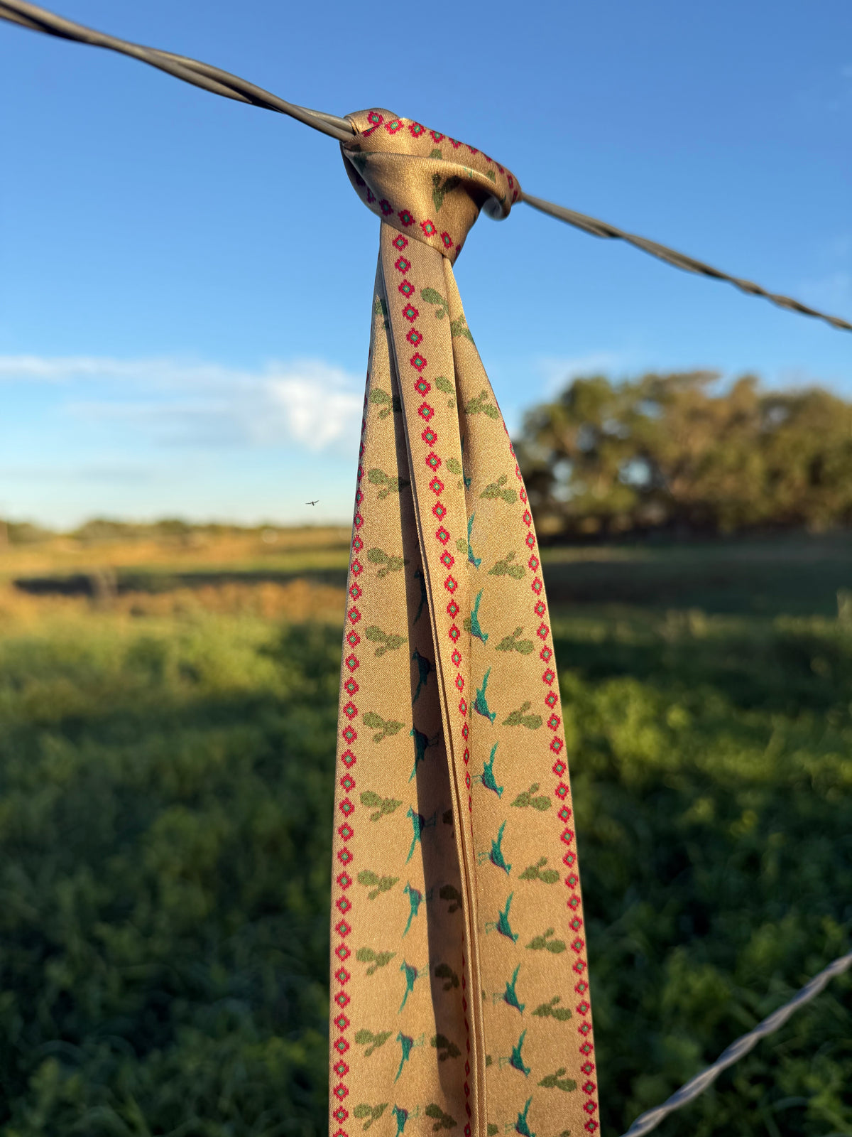 Tan Silk Twilly Scarf with Turquoise Roadrunner