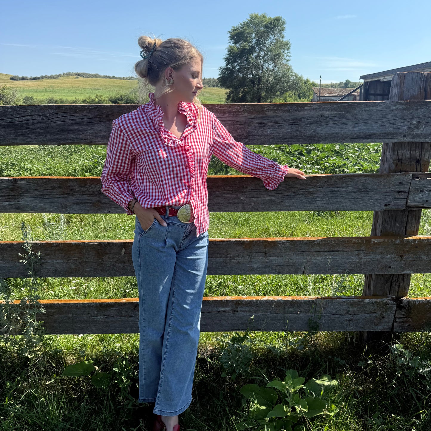 Red Gingham Ruffled Blouse