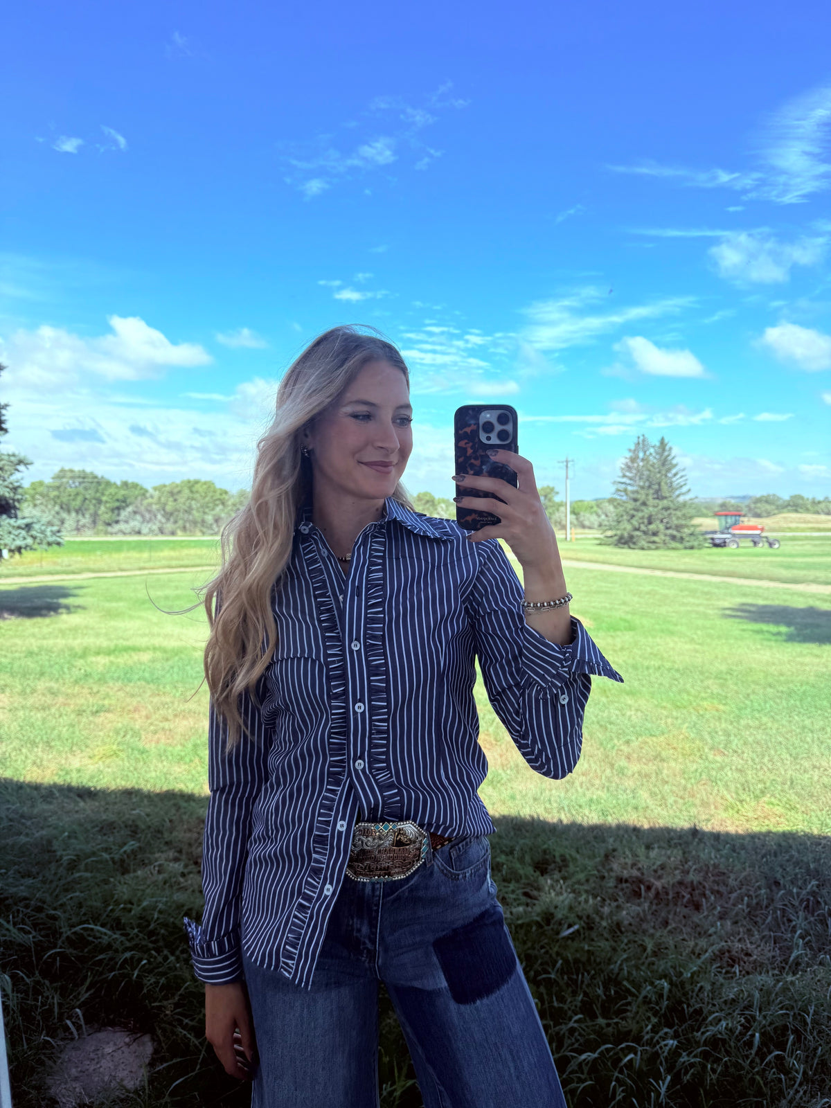 Little Lucille Ivy Pinstripe Frill Signature Fit Shirt